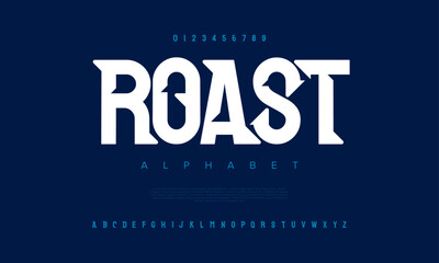 Roast creative modern urban alphabet font. Digital abstract moslem, futuristic, fashion, sport, minimal technology typography. Simple numeric vector illustration