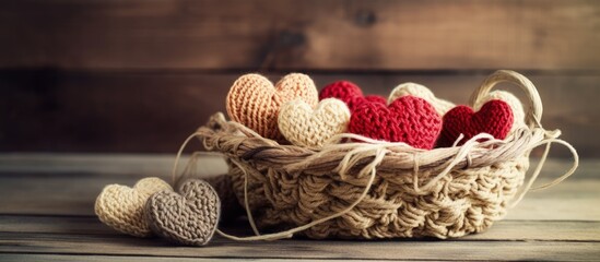 Fototapeta premium Comfortable ambiance with a feminine touch crochet neutral yarn jute basket and knitted heart