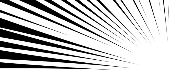 Diagonal speed lines background. Comic book explosion wallpaper. Abstract black flash frame design. Manga anime cartoon beam sun burst. Pop art texture corner effect. Vector striped backdrop