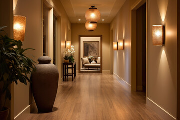 Creating a Serene and Stylish Ambiance: A Minimalist Mocha Colored Hallway with Elegant Wooden Accents, Soft Lighting, and Calming Natural Tones.
