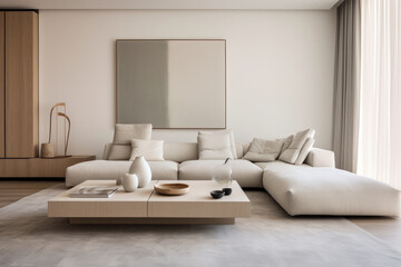 A Peaceful and Cozy Minimalist Living Room: Serene Interior Design with Clean Lines, Neutral Palette, and Functional Furniture for a Chic and Organized Space.