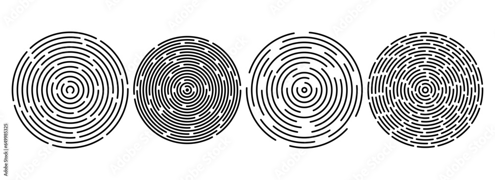 Poster black concentric ripple circles set. linear sound wave rings collection. epicenter, target, radar, s