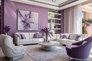 Fototapeta premium A Stylish and Cozy Living Room with Luxurious Purple and White Colors, Contemporary Furniture, Natural Light, Artwork, and Harmonious Ambiance.