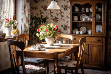 Fototapeta na wymiar Step into a charming country-inspired dining room adorned with rustic furniture, delicate floral patterns, and warm colors, creating a cozy and inviting atmosphere with a touch of vintage-inspired