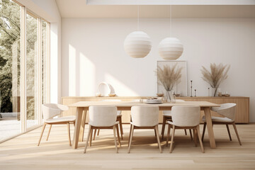 An Inviting and Serene Scandinavian Dining Room: Elegantly Minimal with White Walls, Light Wood Furniture, and a Cozy, Contemporary Nordic Aesthetic.