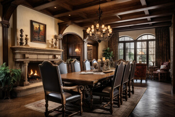 Fototapeta na wymiar Step into a cozy and inviting traditional Spanish dining room adorned with dark wood furniture, earthy tones, decorative tiled flooring, wooden beams, and an antique chandelier