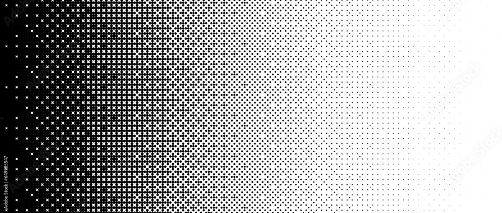 Poster Pixelated bitmap gradient texture. Black and white dither pattern background. Abstract glitchy pattern. 8 bit video game screen wallpaper. Border Wide. Pixel art retro Illustration. Vector