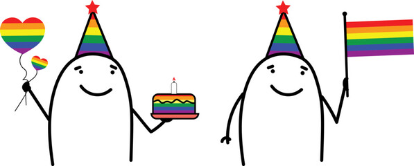 Thumb man. Gay raising an LGBT flag. A beautiful birthday cake with the colors of the rainbow.  Charcter emotional. New set of characters in the style of meme flork. - obrazy, fototapety, plakaty