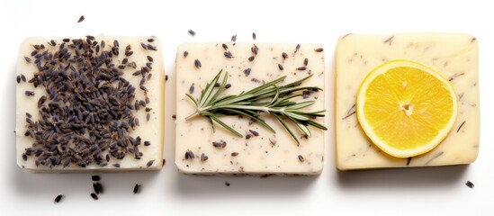 Three types of homemade soap with lavender olives and lemon viewed from above on a white background