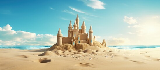 Beach scene with a sand castle symbolizing summer vacation - obrazy, fototapety, plakaty