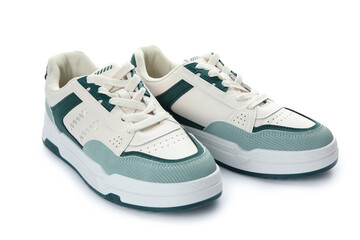 Stylish sneakers on white background
