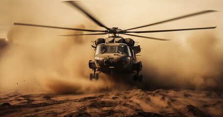 Military helicopter flying through the desert. 3D Rendering. Selective focus.