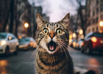 Portrait of shocked cat on the street - Generative AI