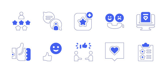 Feedback icon set. Duotone style line stroke and bold. Vector illustration. Containing feedback, review, like, happy client, suggest, positive review, checklist, thumb up, phone call, customer review.
