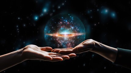 Hands cradle a shimmering holographic universe, symbolizing the limitless potential and intricate beauty of creation and imagination. Generative AI.