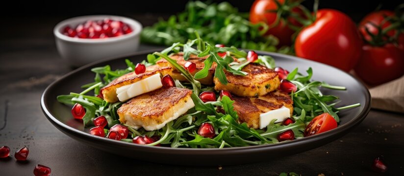 Healthy food vertical photo of salad with fried Halloumi cheese cherry tomatoes arugula and pomegranate seeds