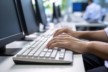 young man hands typing on a keyboard at a office enrionment