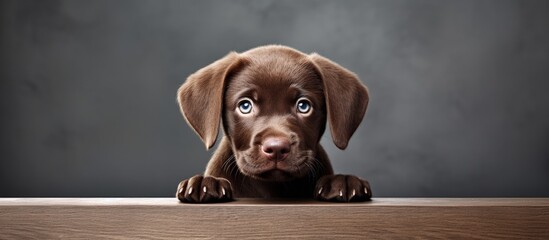 Chocolate colored puppy at the vet s reception Close up isolated background Studio photo Concept of pet care and training