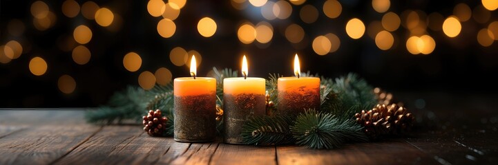 Fototapeta na wymiar A wide-format background image showcasing the soft candlelight ambiance, with blurred holiday lights in the background, creating a cozy and festive setting. Photorealistic illustration