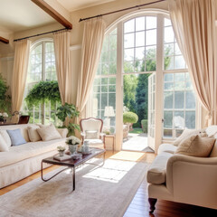 Airy living room boasts high ceilings beige sofa
