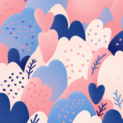 Soothing Abstract Background with Smooth Shapes, Seamless pattern with hand drawn hearts.
