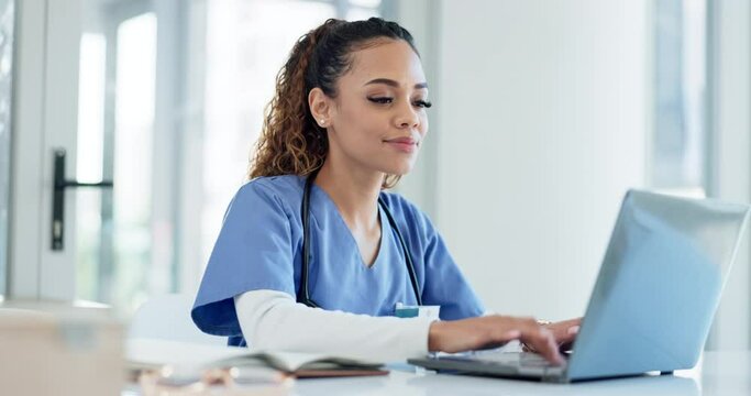 Doctor, Laptop And Woman Typing Online Medical Study, Hospital Report Or Clinic Healthcare Research. Nurse, Computer And Professional Surgeon Working On Medicine Review, Digital Notes Or Wellness