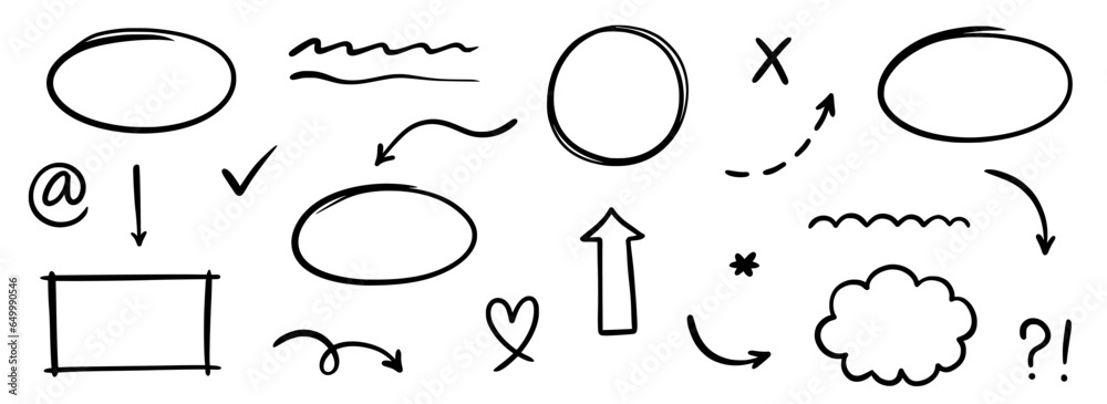 Aufkleber hand drawn line arrow, sketch underline, round frame element set. scribble sketch pencil stroke circ
