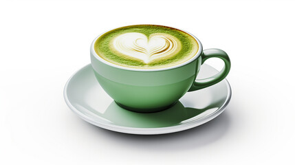 cup of hot green tea with a heart-shaped, white background, healthy tea