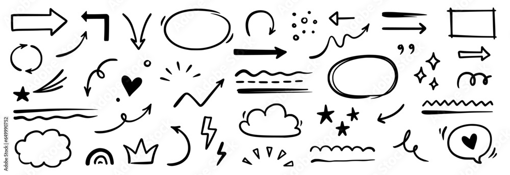 Poster line arrow, underline, round frame hand drawn vector element set. hand drawn doodle scribble text hi