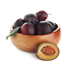 Fototapeta na wymiar Bowl with fresh ripe plums on white background