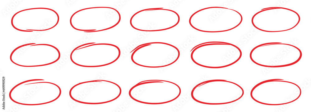 Fototapete hand drawn red oval set. hand drawn doodle marker, pen stroke line highlight oval frame. scribble ro