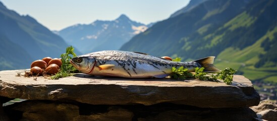 Preparing trout on soapstone outdoors in Valsesia - obrazy, fototapety, plakaty