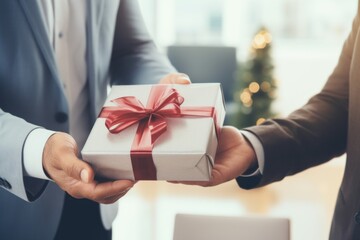 Close-up view of hands Giving a business gift in an office. - obrazy, fototapety, plakaty