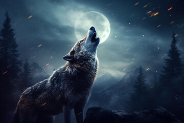 Wolves howl in the night - obrazy, fototapety, plakaty