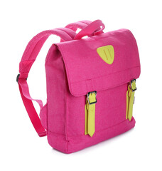Stylish pink school backpack on white background