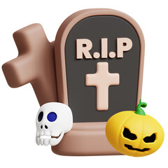 3D Skull and Pumpkin on Tombstone