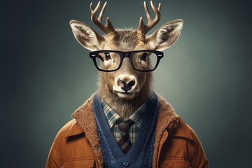 cute deer animal with glasses - obrazy, fototapety, plakaty