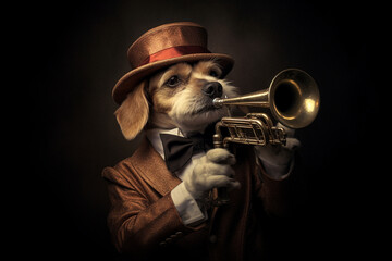 cute dog playing trumpet - obrazy, fototapety, plakaty