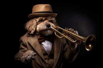 cute dog playing trumpet