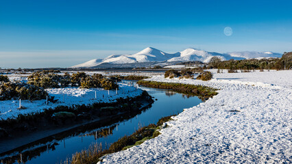 River and snow covered mountains