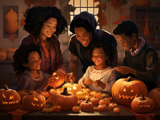 An Illustration of a Family of Different Races and Ages Carving Pumpkins Together