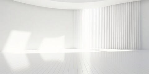 White minimalistic room with blank walls and sunlight streaming through windows. Sun rays and shadows background, Generative AI 