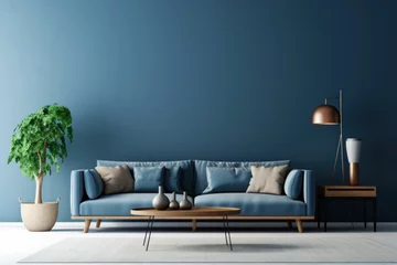 Fototapeten  Dark blue wall. Plush sofa. Modern lamp. Golden stand. Big leafy plant. Cozy ambiance. Minimalist style. Luxe cushion. Wood floor. Elegant setting. © Matthew