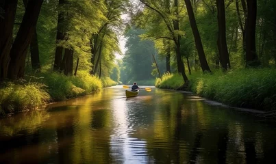 Fotobehang Canoe on spring babbling brook. River with a kayak. Camping in the great outdoors with a stream, Generative AI  © Pixel Paradise
