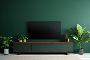 Emerald green wall. Sleek TV setup. Mid-century lamp. Wood console. Succulent plant. Ceramic vases. Contemporary feel. Ambient lighting. Streamlined design. Elegant minimalism.
