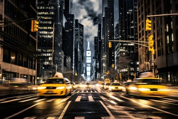 City street, yellow taxis, motion blur, high-rise buildings, twilight, overcast sky.