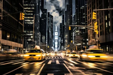 Photo sur Plexiglas TAXI de new york City street, yellow taxis, motion blur, high-rise buildings, twilight, overcast sky.