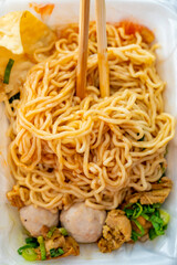 Close-up view of chicken noodles (mie ayam)