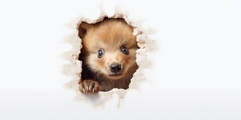 Cute Bear peeking out of a hole in wall, torn hole, empty copy space frame, mockup. Generative AI image weber.