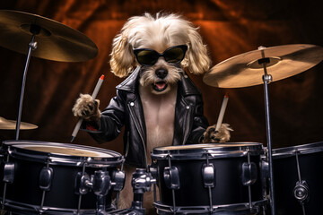 cool dog animal playing drums